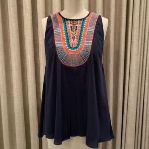 Anthropologie navy and blouse with embroidery